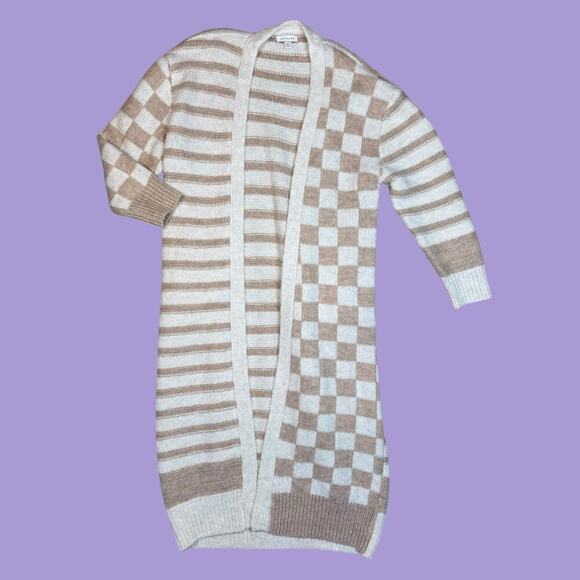TopShop Oversized Checkerboard Stripe Maxi Cardigan Cream XS - Picture 4 of 9